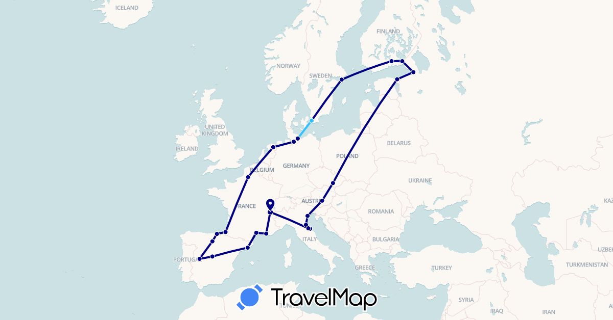 TravelMap itinerary: driving, boat in Austria, Czech Republic, Germany, Estonia, Spain, Finland, France, Italy, Netherlands, Russia, Sweden, San Marino (Europe)